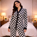 Black & White V-Neck Button Printed Night Suit for Women – Stylish Checkerboard Pajama Set