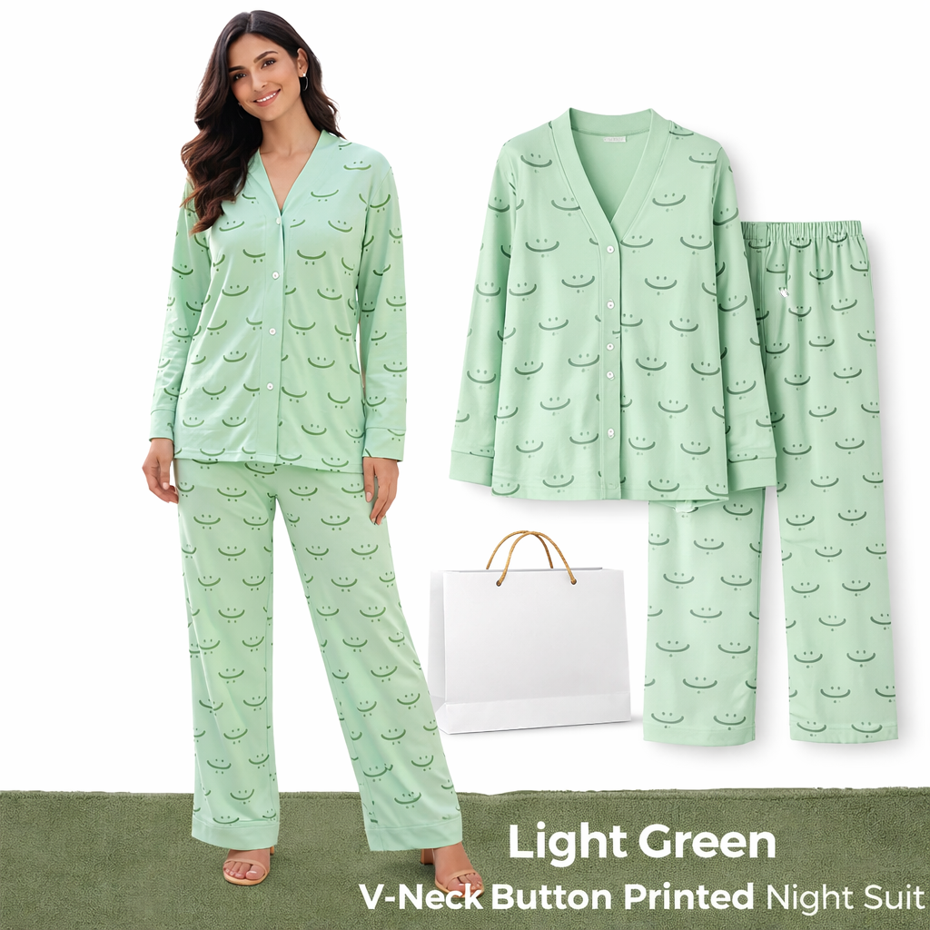 Light Green V-Neck Button Printed Night Suit for Women – Soft & Stylish Pajama Set