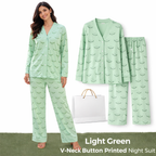 Light Green V-Neck Button Printed Night Suit for Women – Soft & Stylish Pajama Set