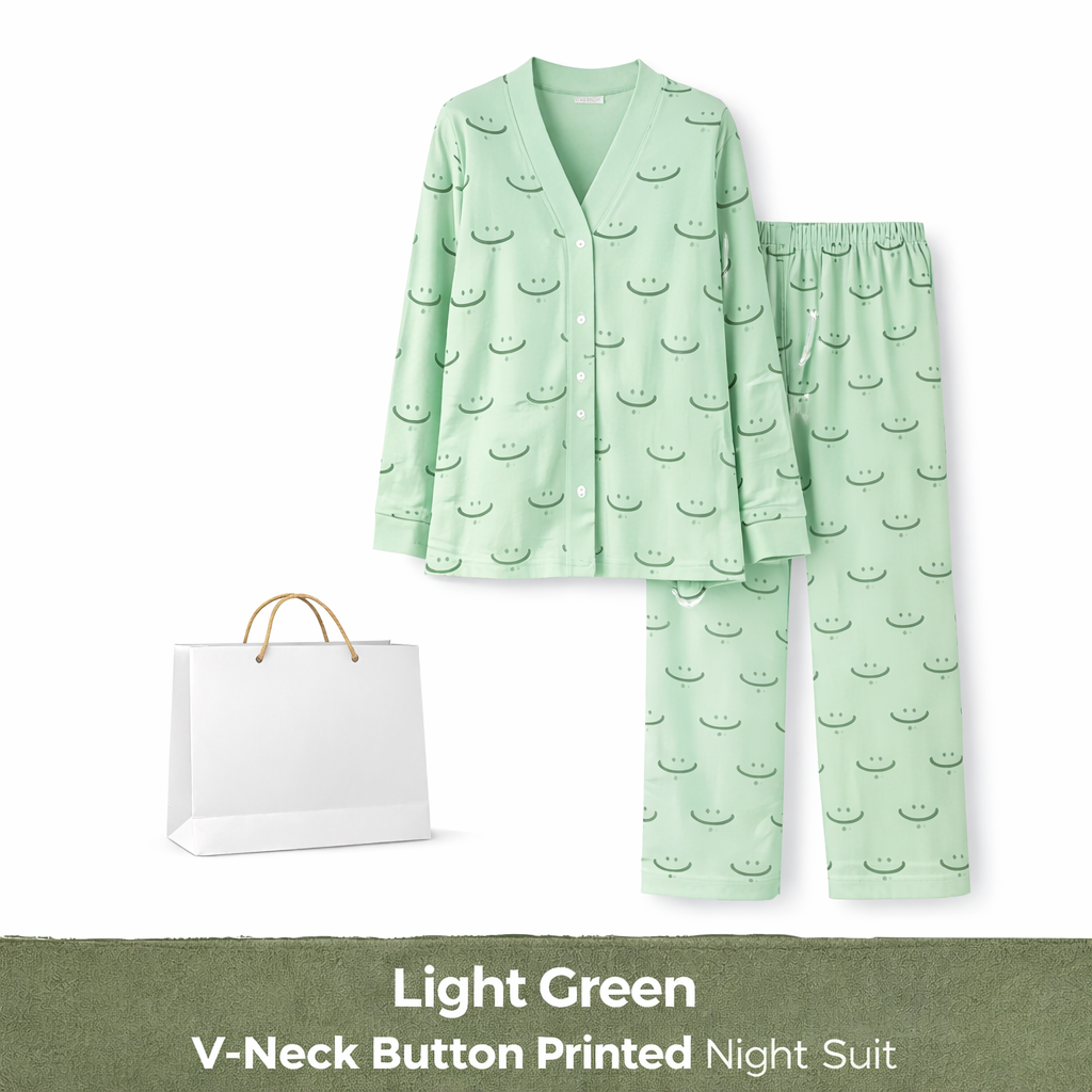 Light Green V-Neck Button Printed Night Suit for Women – Soft & Stylish Pajama Set