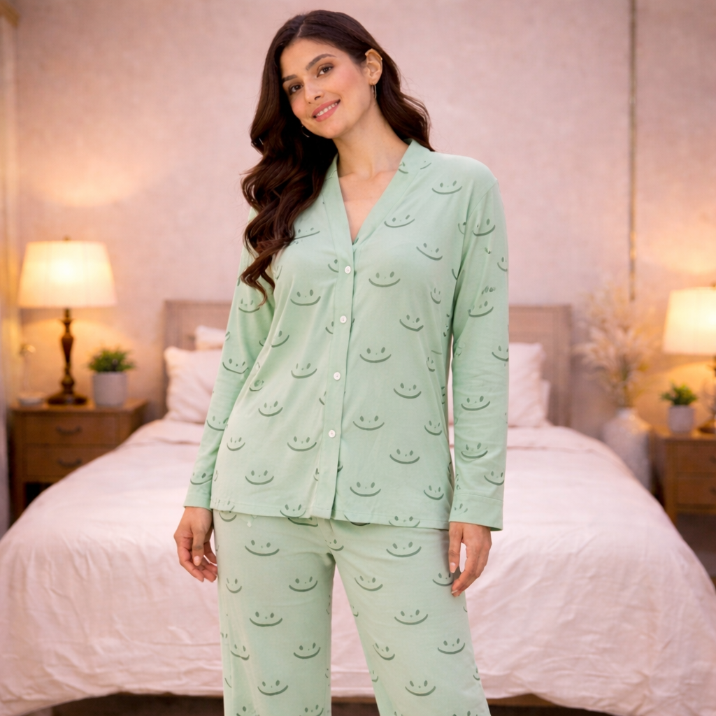 Light Green V-Neck Button Printed Night Suit for Women – Soft & Stylish Pajama Set