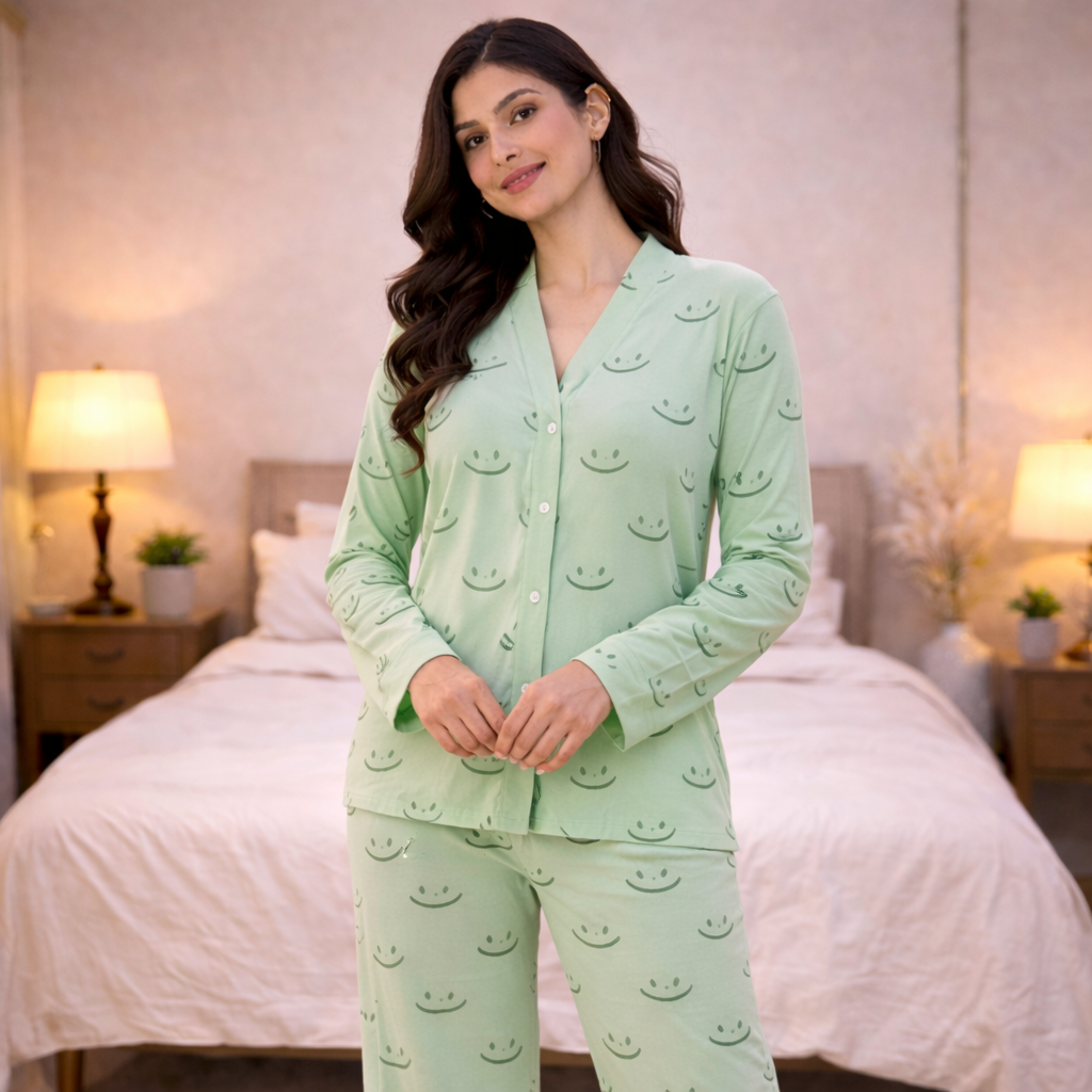 Light Green V-Neck Button Printed Night Suit for Women – Soft & Stylish Pajama Set