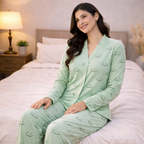 Light Green V-Neck Button Printed Night Suit for Women – Soft & Stylish Pajama Set