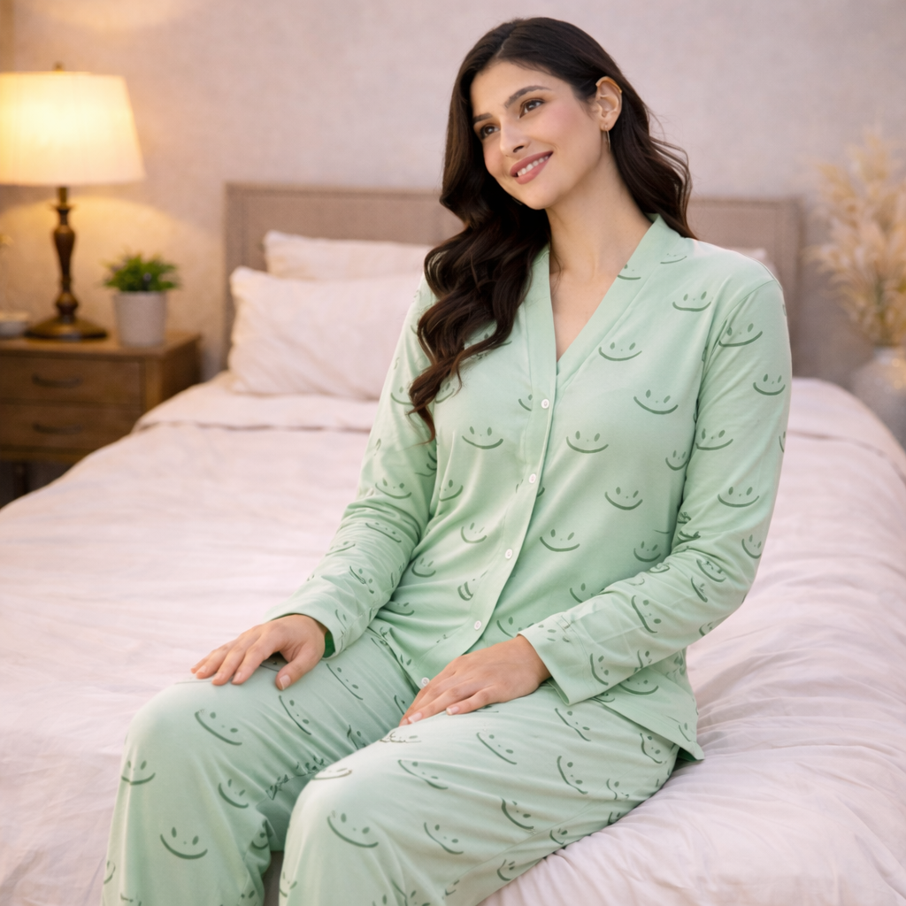Light Green V-Neck Button Printed Night Suit for Women – Soft & Stylish Pajama Set