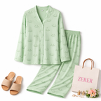 Light Green V-Neck Button Printed Night Suit for Women – Soft & Stylish Pajama Set