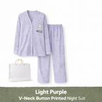 Light Purple V-Neck Button Printed Night Suit for Women – Soft & Stylish Pajama Set