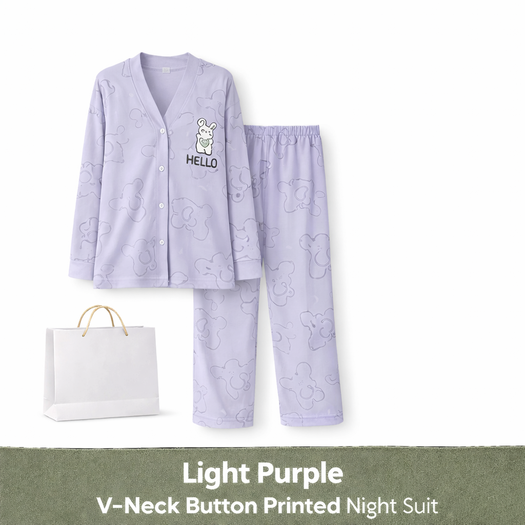 Light Purple V-Neck Button Printed Night Suit for Women – Soft & Stylish Pajama Set