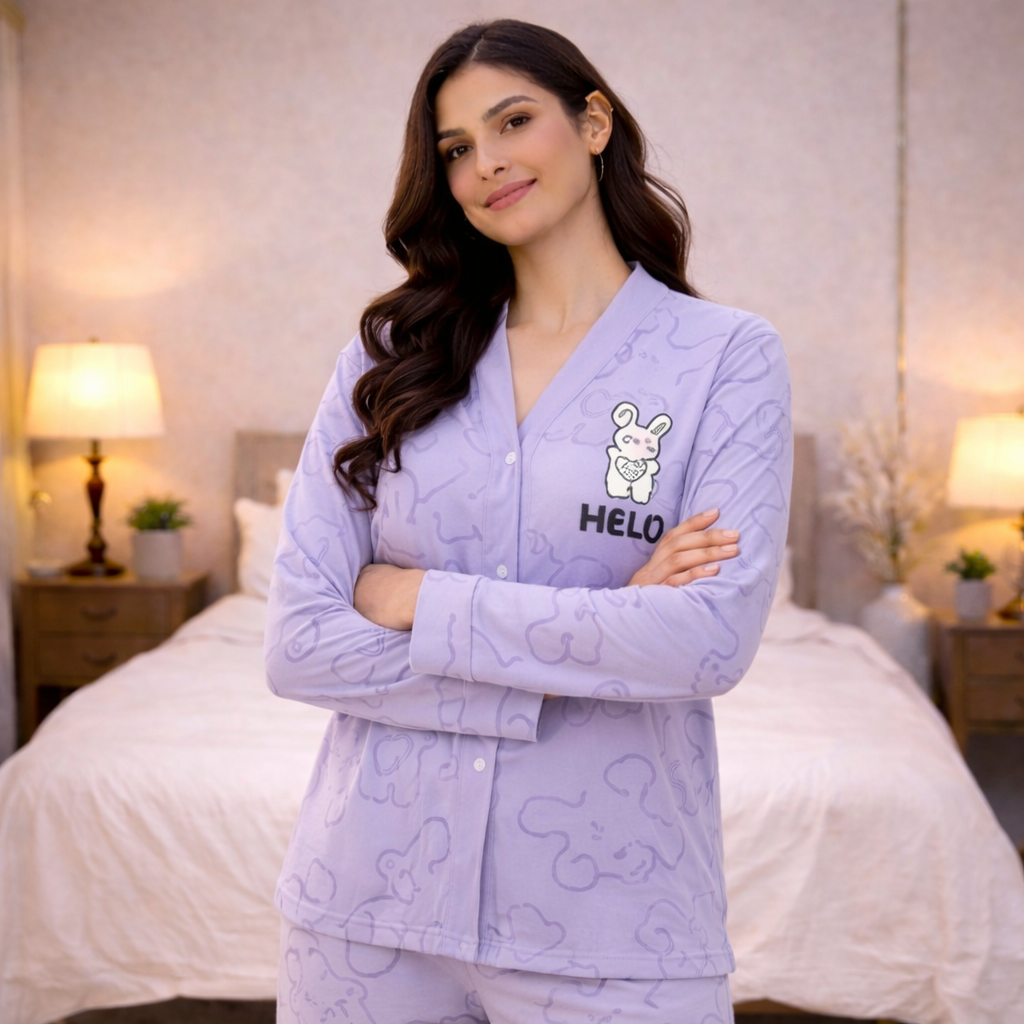 Light Purple V-Neck Button Printed Night Suit for Women – Soft & Stylish Pajama Set