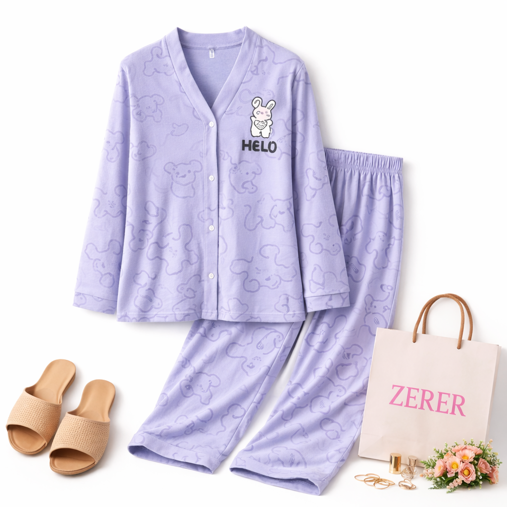 Light Purple V-Neck Button Printed Night Suit for Women – Soft & Stylish Pajama Set