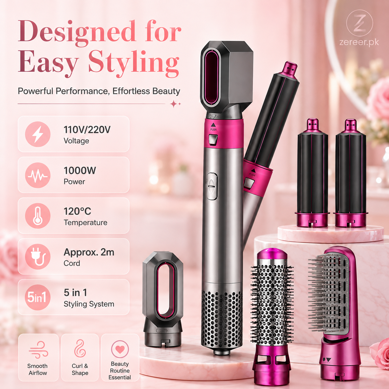 5 in 1 Electric Hot Air Brush Straightener and Dryer with Box Packing