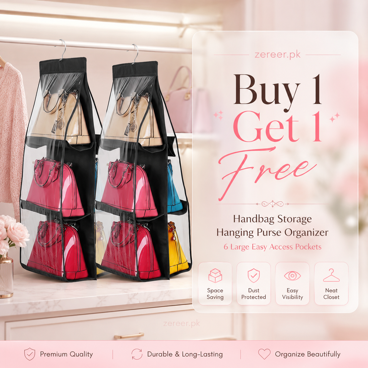 Buy 1 Get 1 Free Handbag Storage Hanging Purse Organizer with 6 Large Easy Access Pockets
