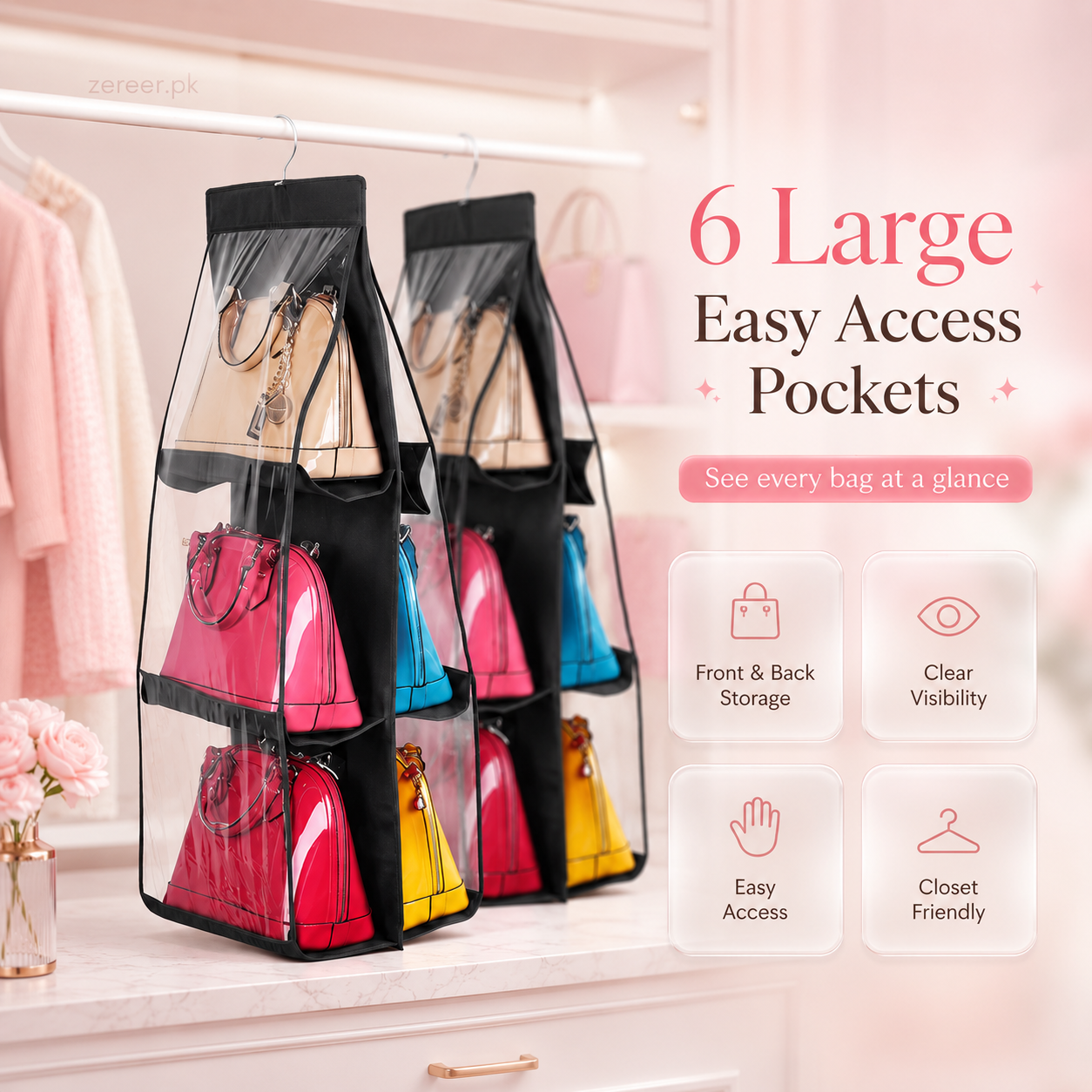 Buy 1 Get 1 Free Handbag Storage Hanging Purse Organizer with 6 Large Easy Access Pockets