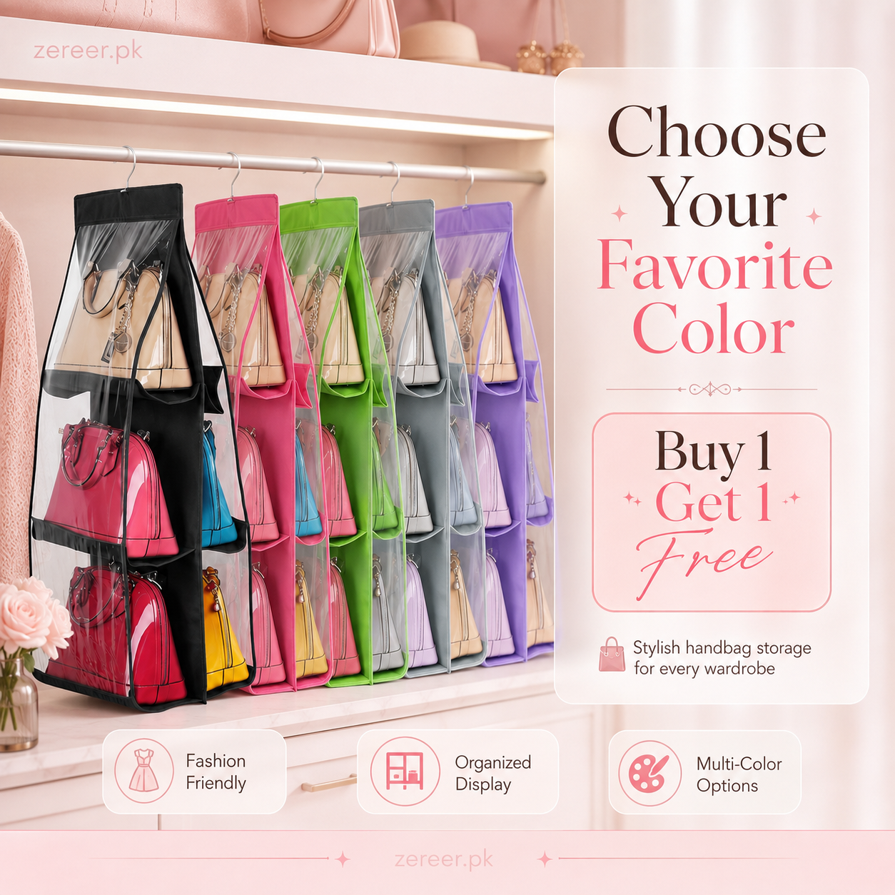 Buy 1 Get 1 Free Handbag Storage Hanging Purse Organizer with 6 Large Easy Access Pockets