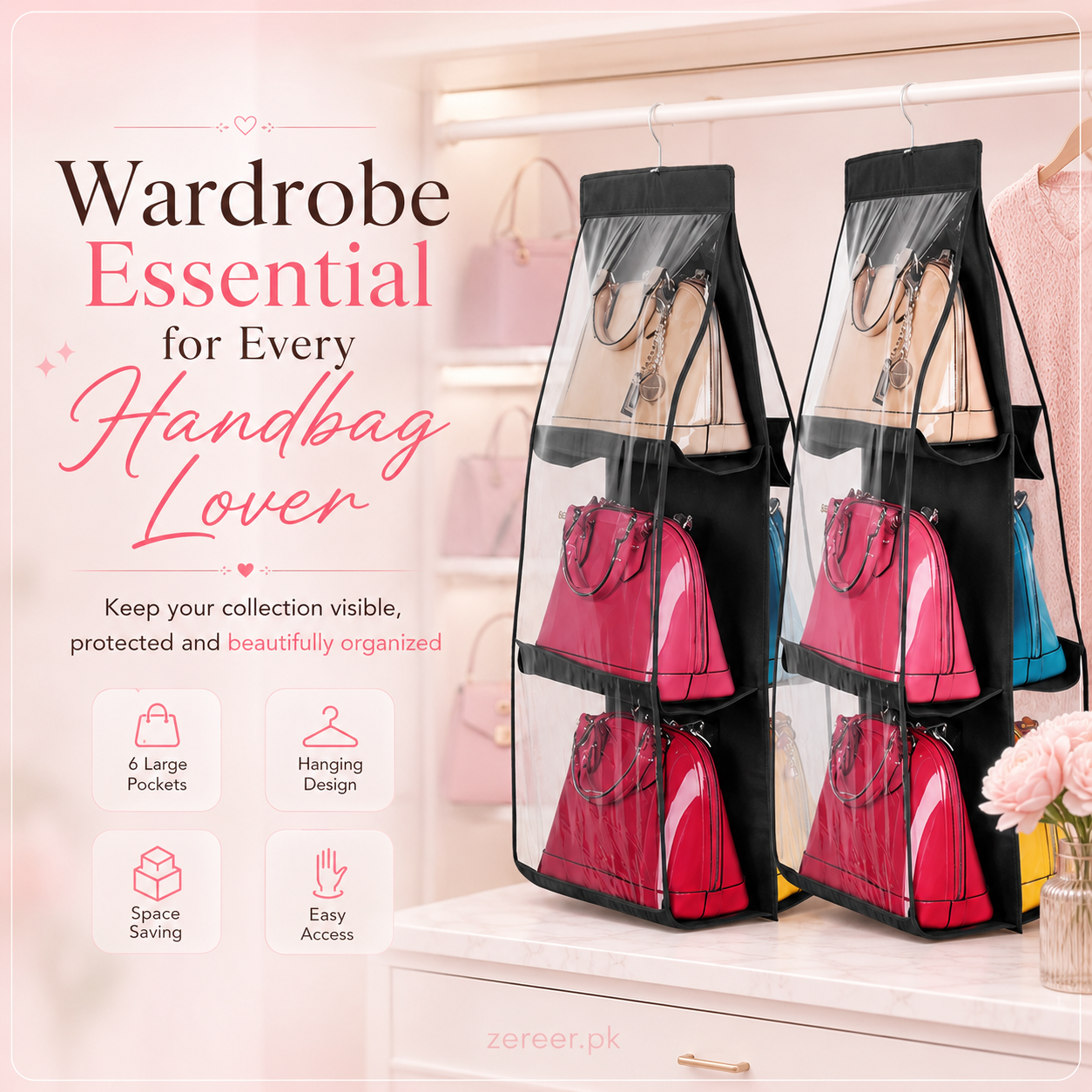 Buy 1 Get 1 Free Handbag Storage Hanging Purse Organizer with 6 Large Easy Access Pockets