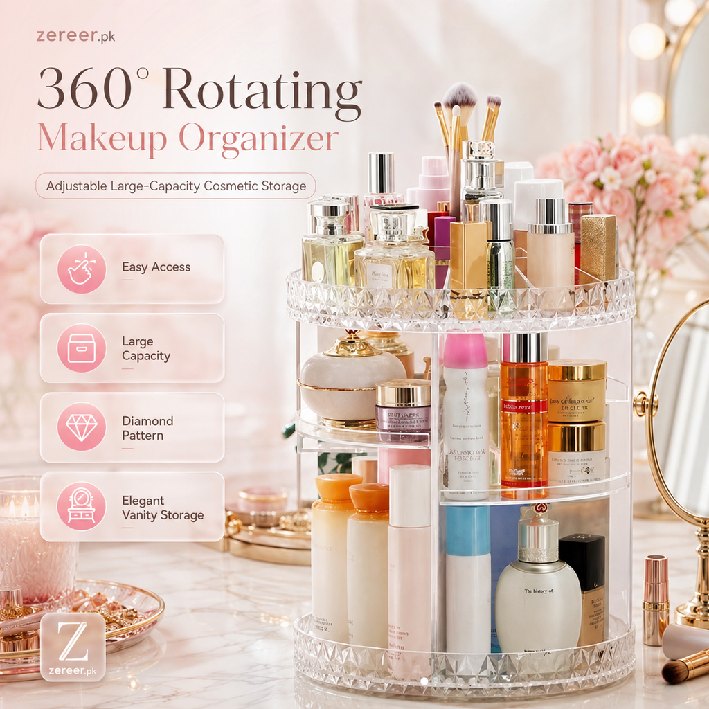 Makeup Organizer 360-Degree Rotating Cosmetic Storage Box with Adjustable & Large Capacity in Diamond Pattern