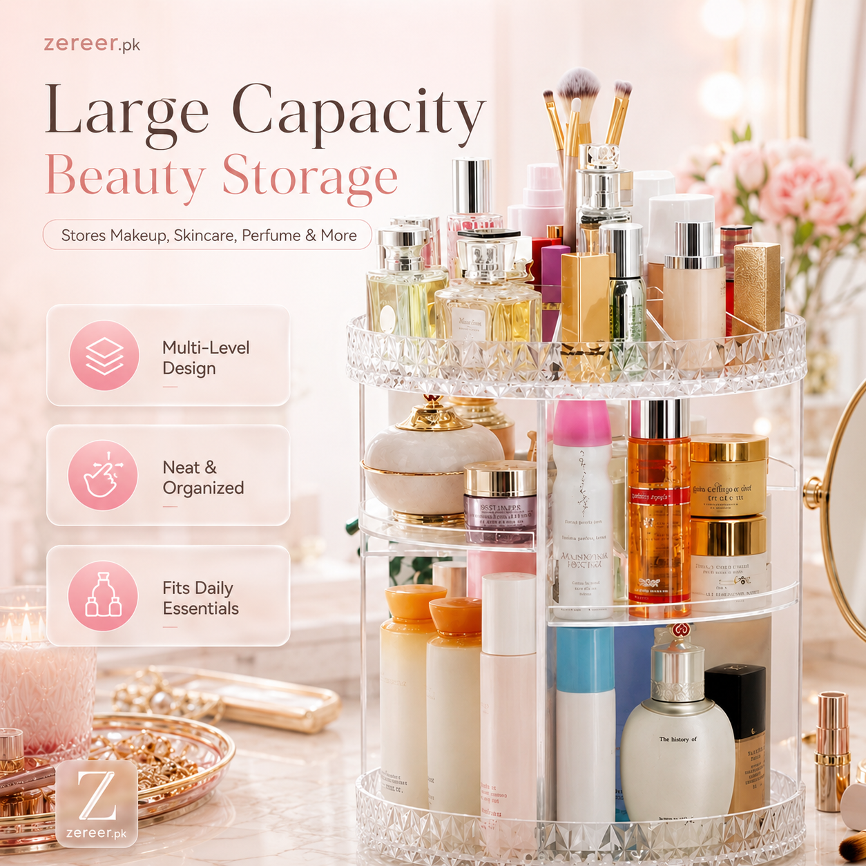Makeup Organizer 360-Degree Rotating Cosmetic Storage Box with Adjustable & Large Capacity in Diamond Pattern