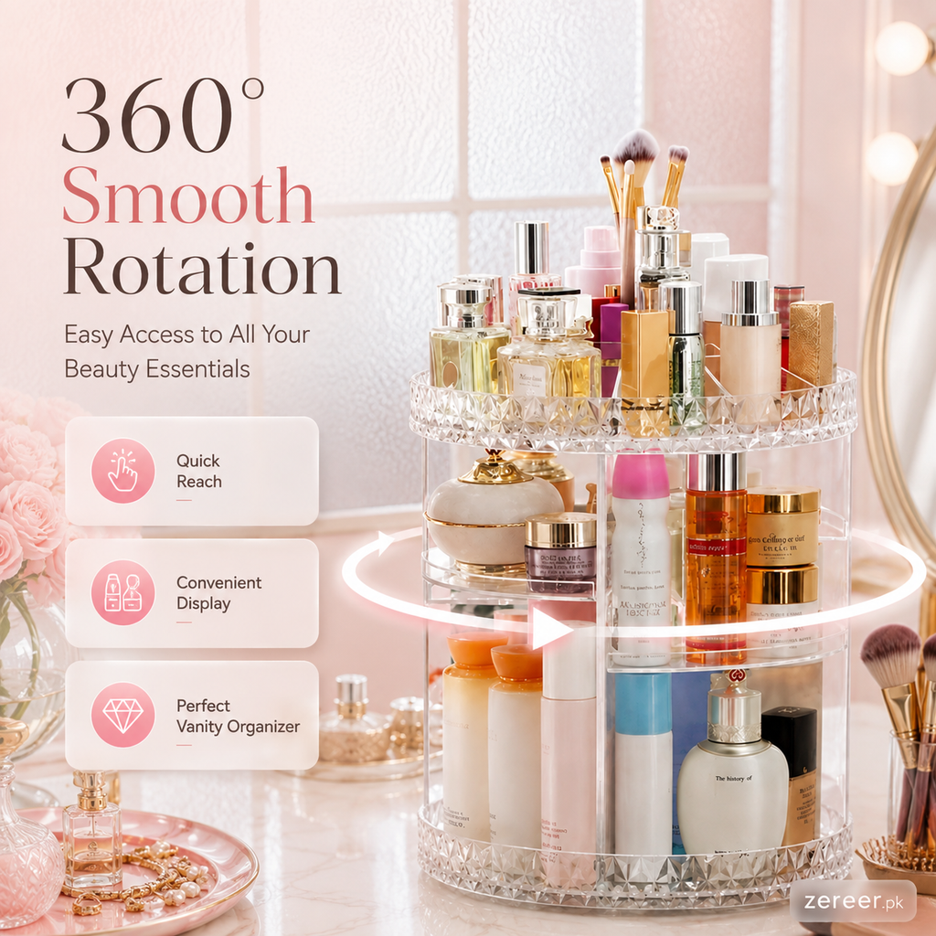 Makeup Organizer 360-Degree Rotating Cosmetic Storage Box with Adjustable & Large Capacity in Diamond Pattern