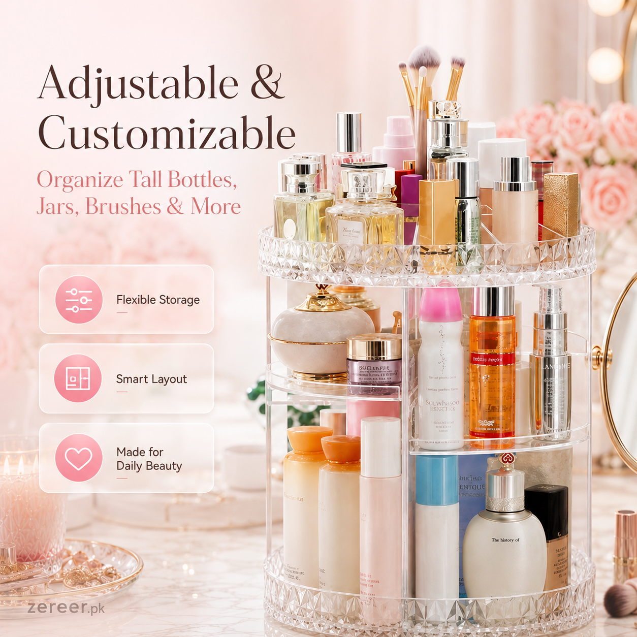 Makeup Organizer 360-Degree Rotating Cosmetic Storage Box with Adjustable & Large Capacity in Diamond Pattern