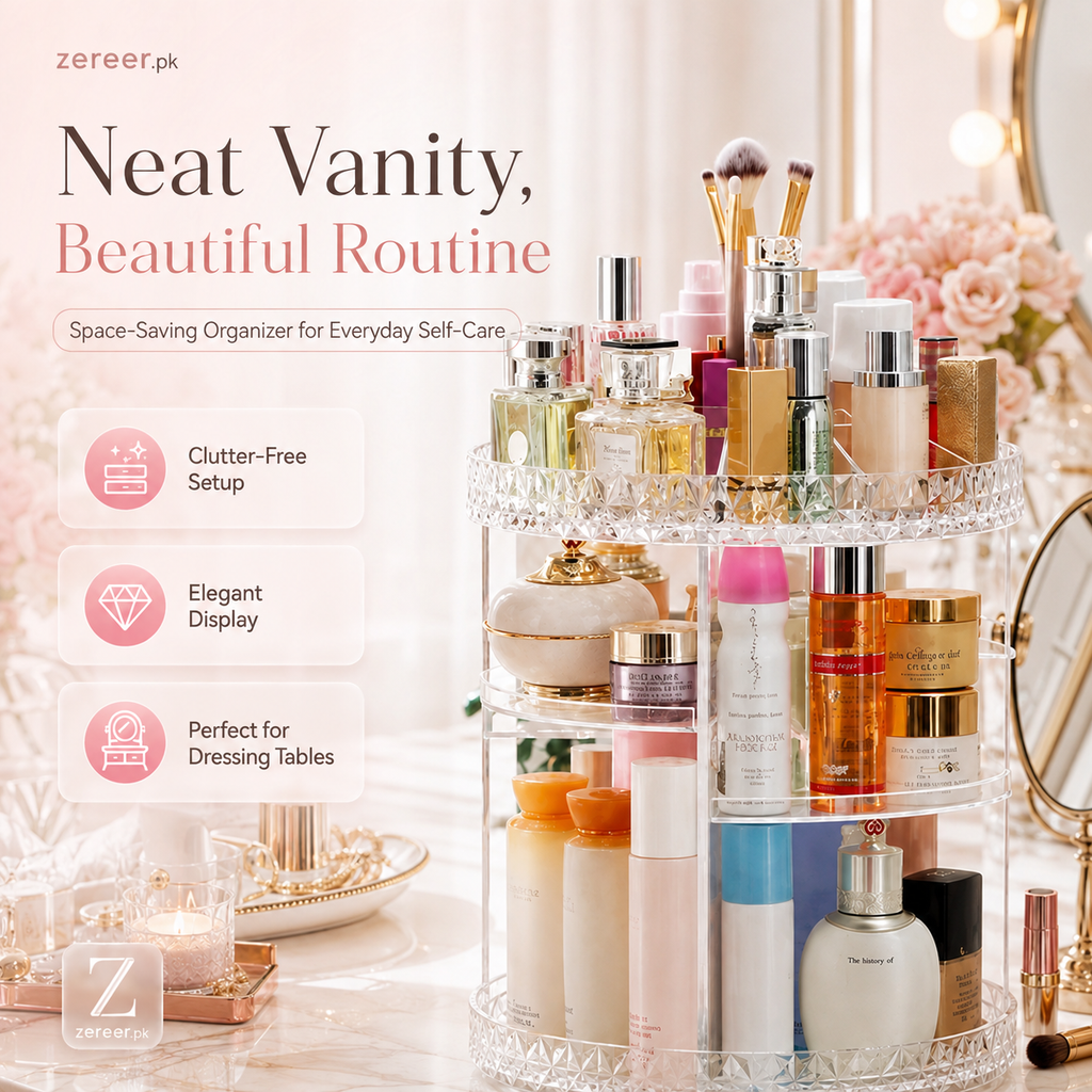 Makeup Organizer 360-Degree Rotating Cosmetic Storage Box with Adjustable & Large Capacity in Diamond Pattern