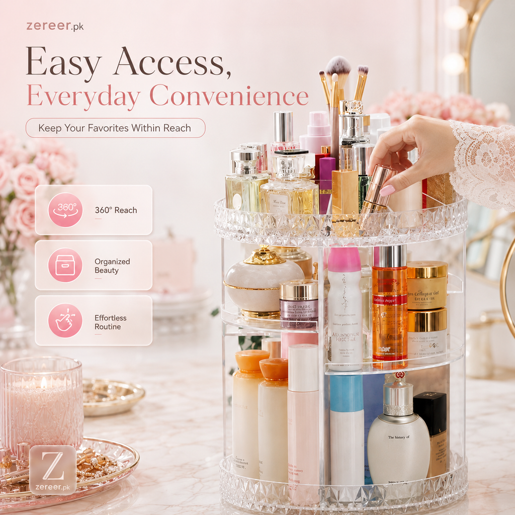 Makeup Organizer 360-Degree Rotating Cosmetic Storage Box with Adjustable & Large Capacity in Diamond Pattern