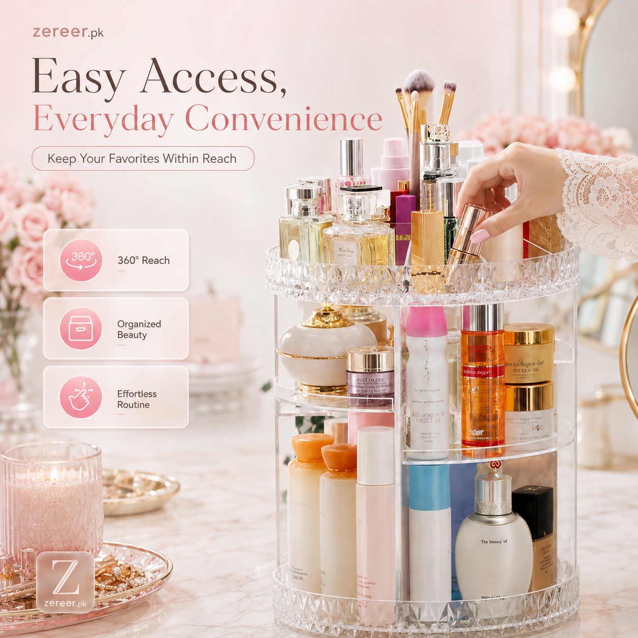 Makeup Organizer 360-Degree Rotating Cosmetic Storage Box with Adjustable & Large Capacity in Diamond Pattern
