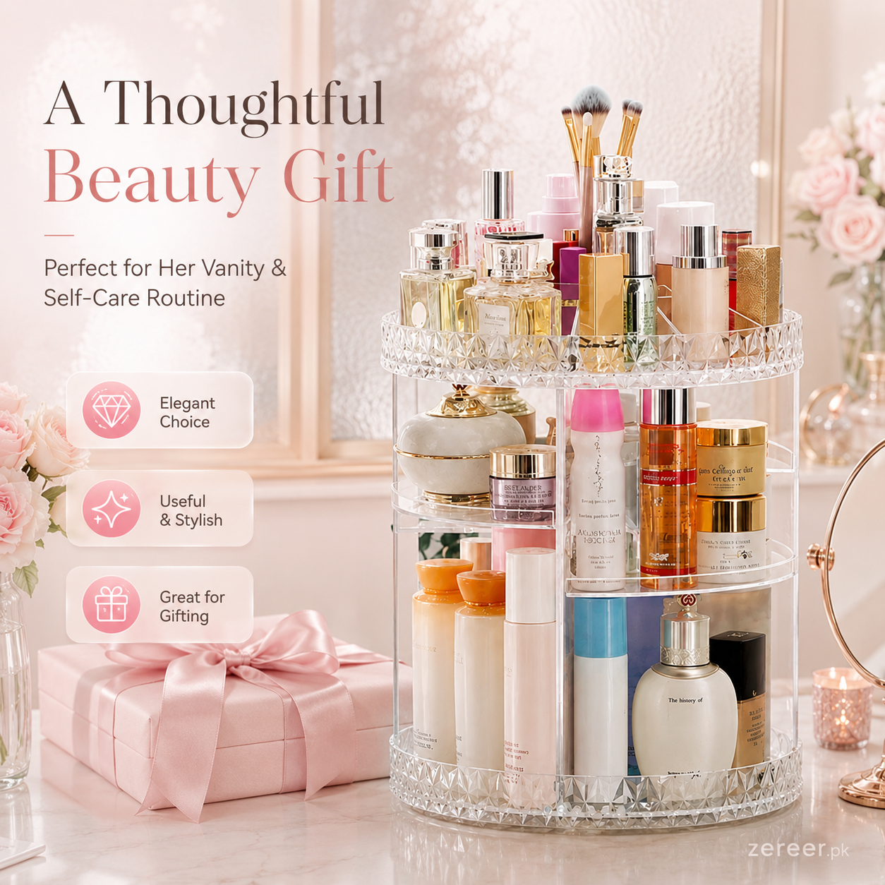 Makeup Organizer 360-Degree Rotating Cosmetic Storage Box with Adjustable & Large Capacity in Diamond Pattern