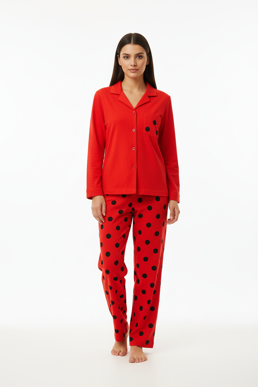 Red Button Style Dress T-Shirt With Pajama