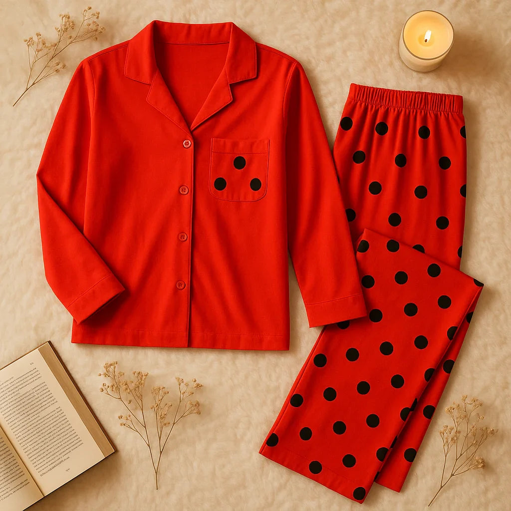 Red Button Style Dress T-Shirt With Pajama