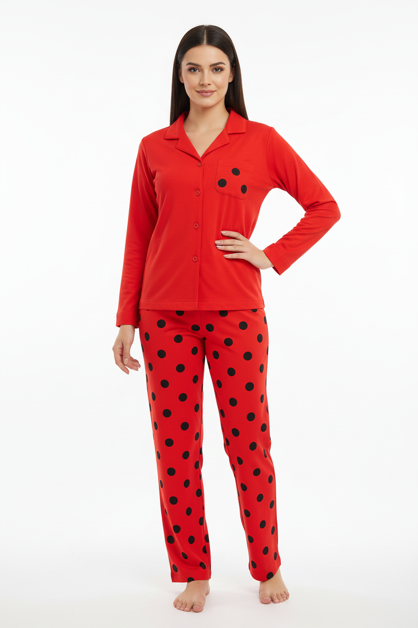 Red Button Style Dress T-Shirt With Pajama