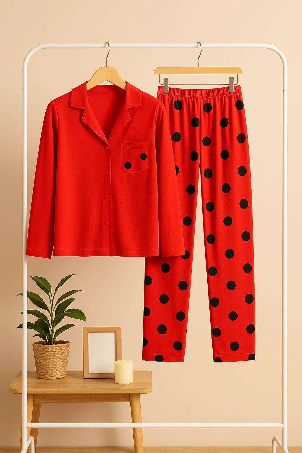 Red Button Style Dress T-Shirt With Pajama