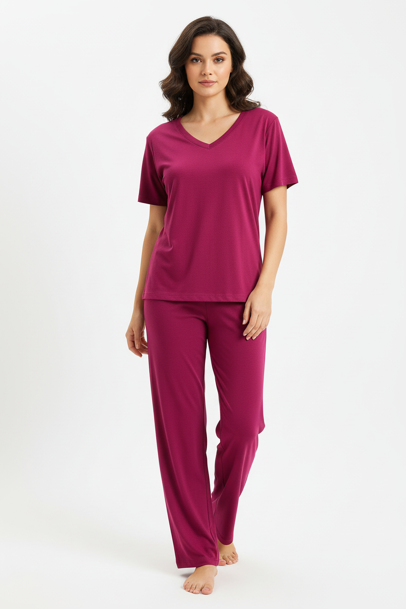 Shocking Pink V Neck Quarter Sleeves with Cut Style Pajama