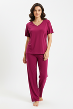 Shocking Pink V Neck Quarter Sleeves with Cut Style Pajama