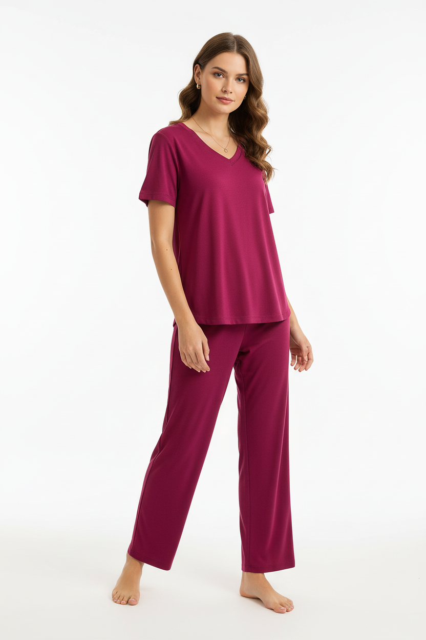 Shocking Pink V Neck Quarter Sleeves with Cut Style Pajama