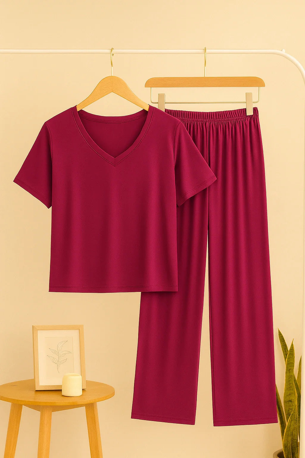 Shocking Pink V Neck Quarter Sleeves with Cut Style Pajama