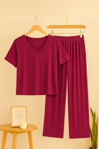 Shocking Pink V Neck Quarter Sleeves with Cut Style Pajama