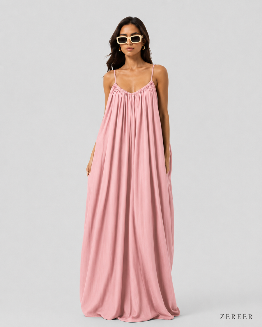 Baby Pink Backless Cami Gathered Maxi Dress with Back Flow