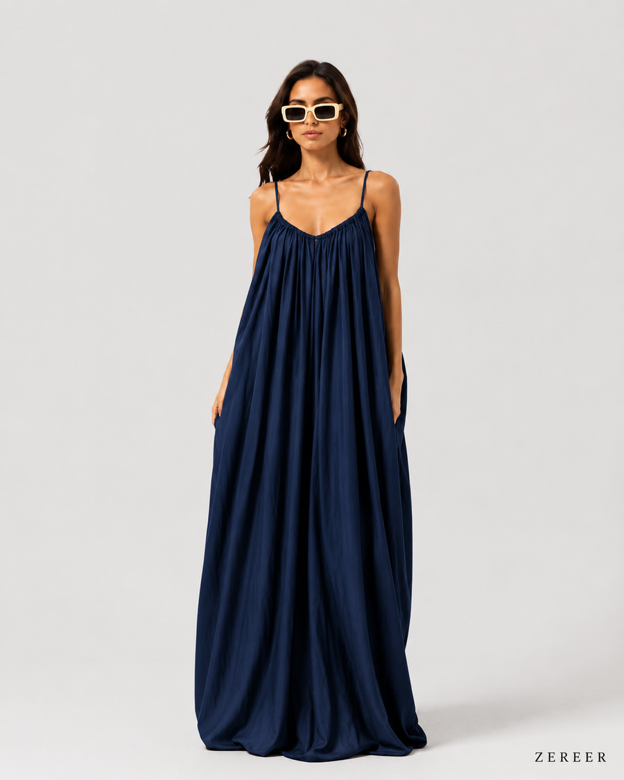 Navy Blue Backless Cami Gathered Maxi Dress with Back Flow