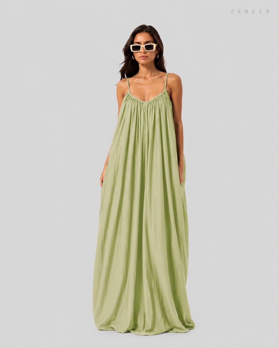 Pistachio Backless Cami Gathered Maxi Dress with Back Flow