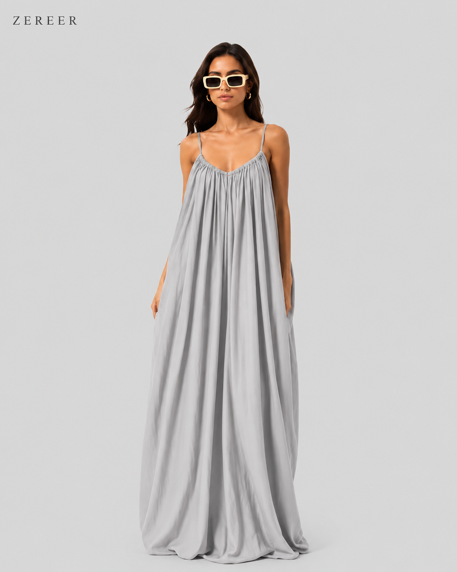 SIlver Grey Backless Cami Gathered Maxi Dress with Back Flow