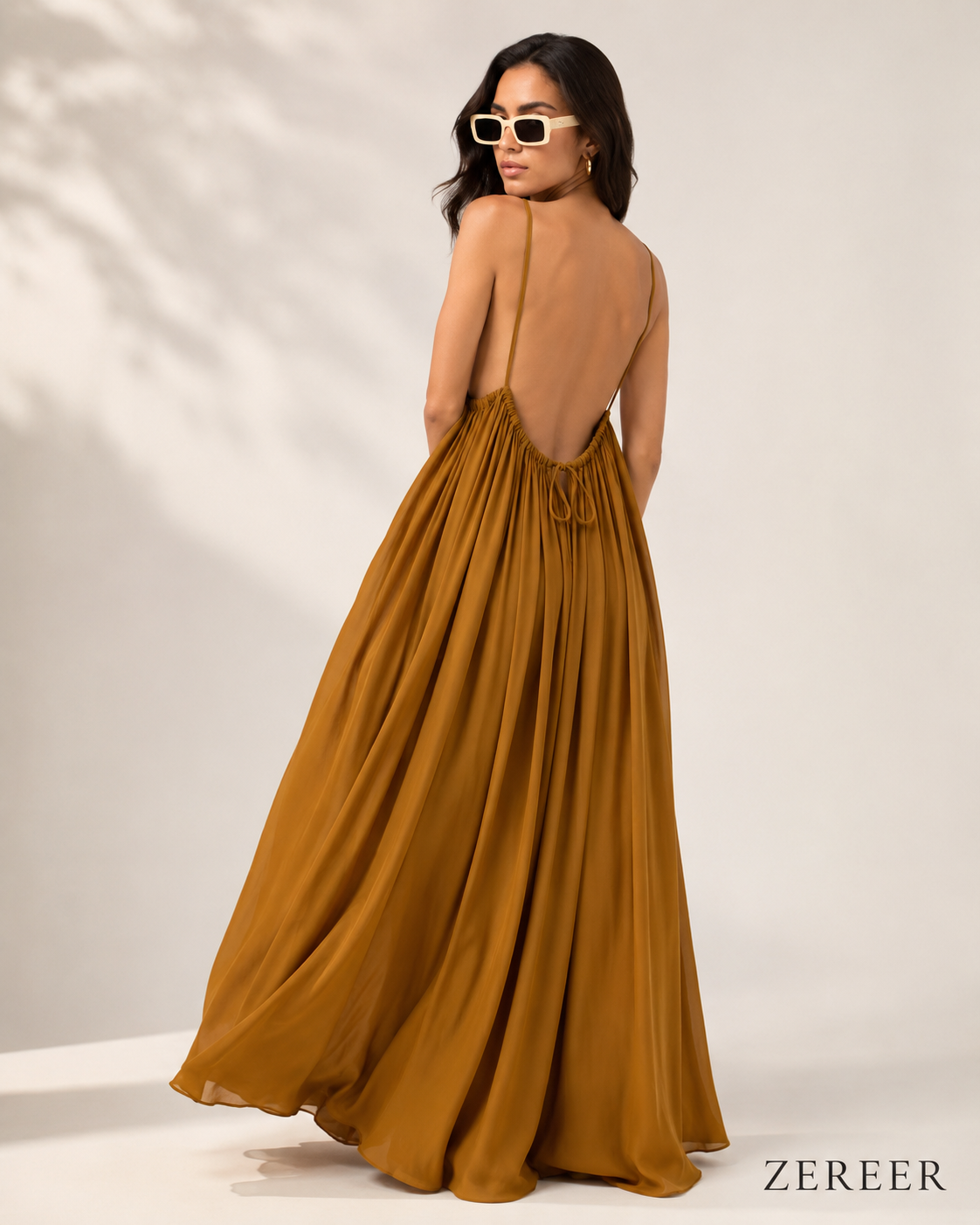 Mustard Backless Cami Gathered Maxi Dress with Back Flow