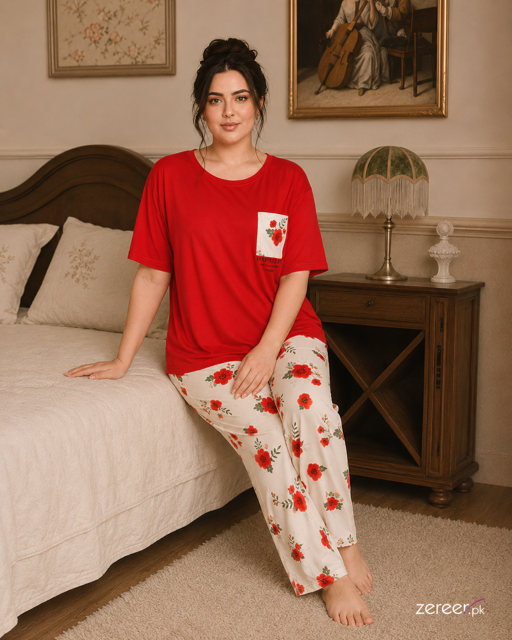 Red Pocket Flower printed Night Suit
