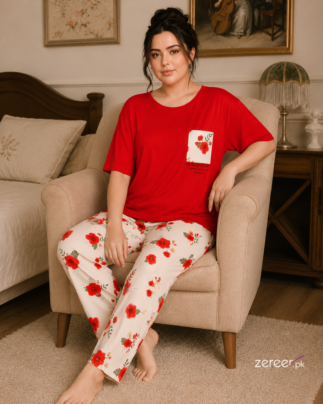 Red Pocket Flower printed Night Suit