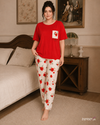 Red Pocket Flower printed Night Suit