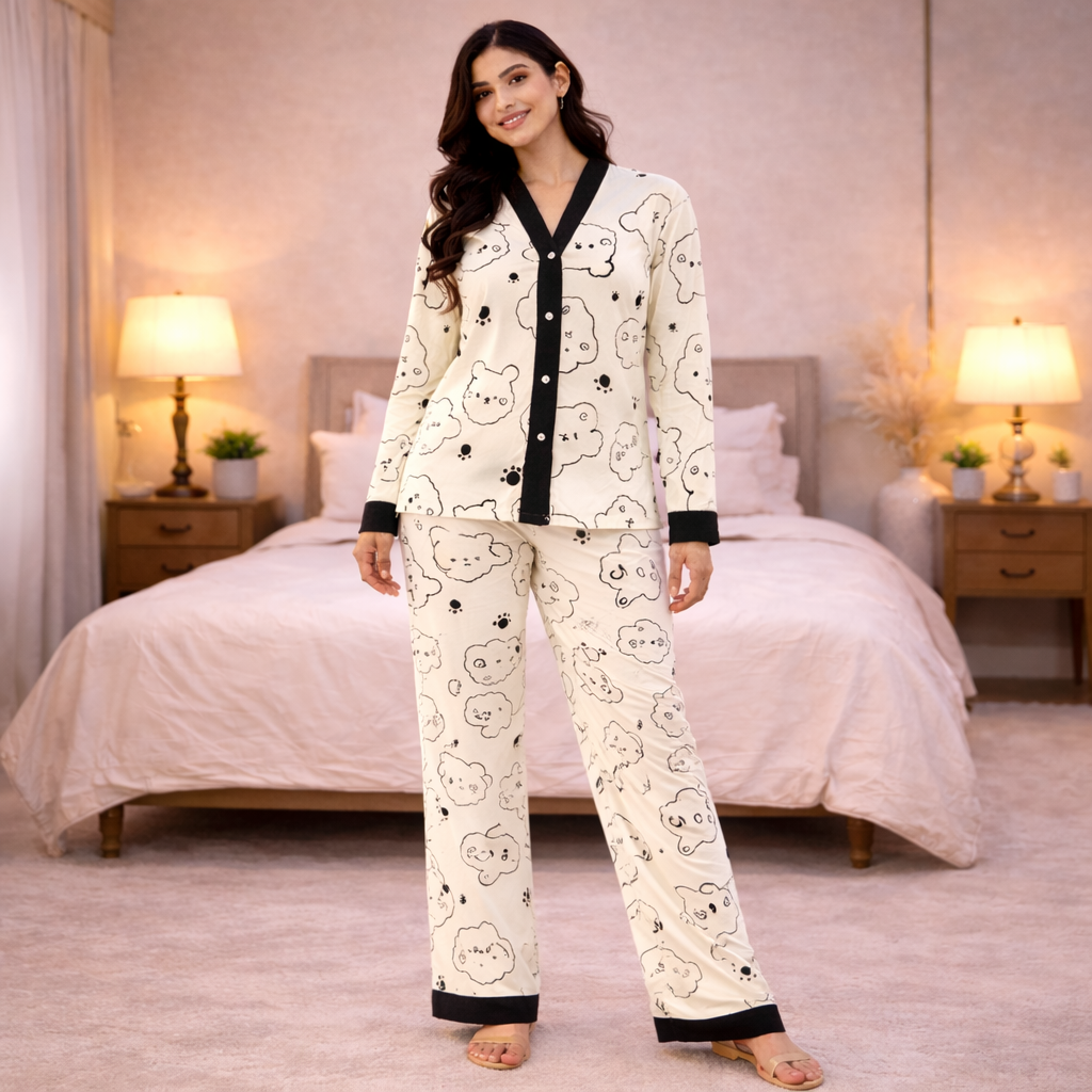 Off White V-Neck Button Printed Night Suit for Women – Soft & Comfortable Pajama Set