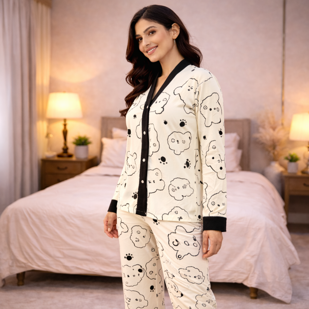 Off White V-Neck Button Printed Night Suit for Women – Soft & Comfortable Pajama Set