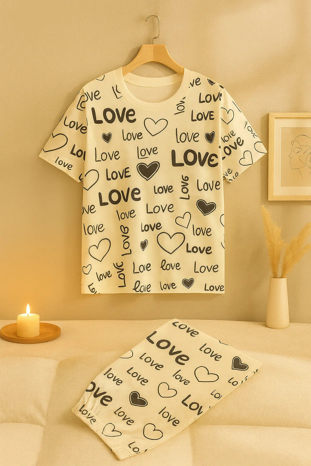 White Love Printed Shirt With Pajama