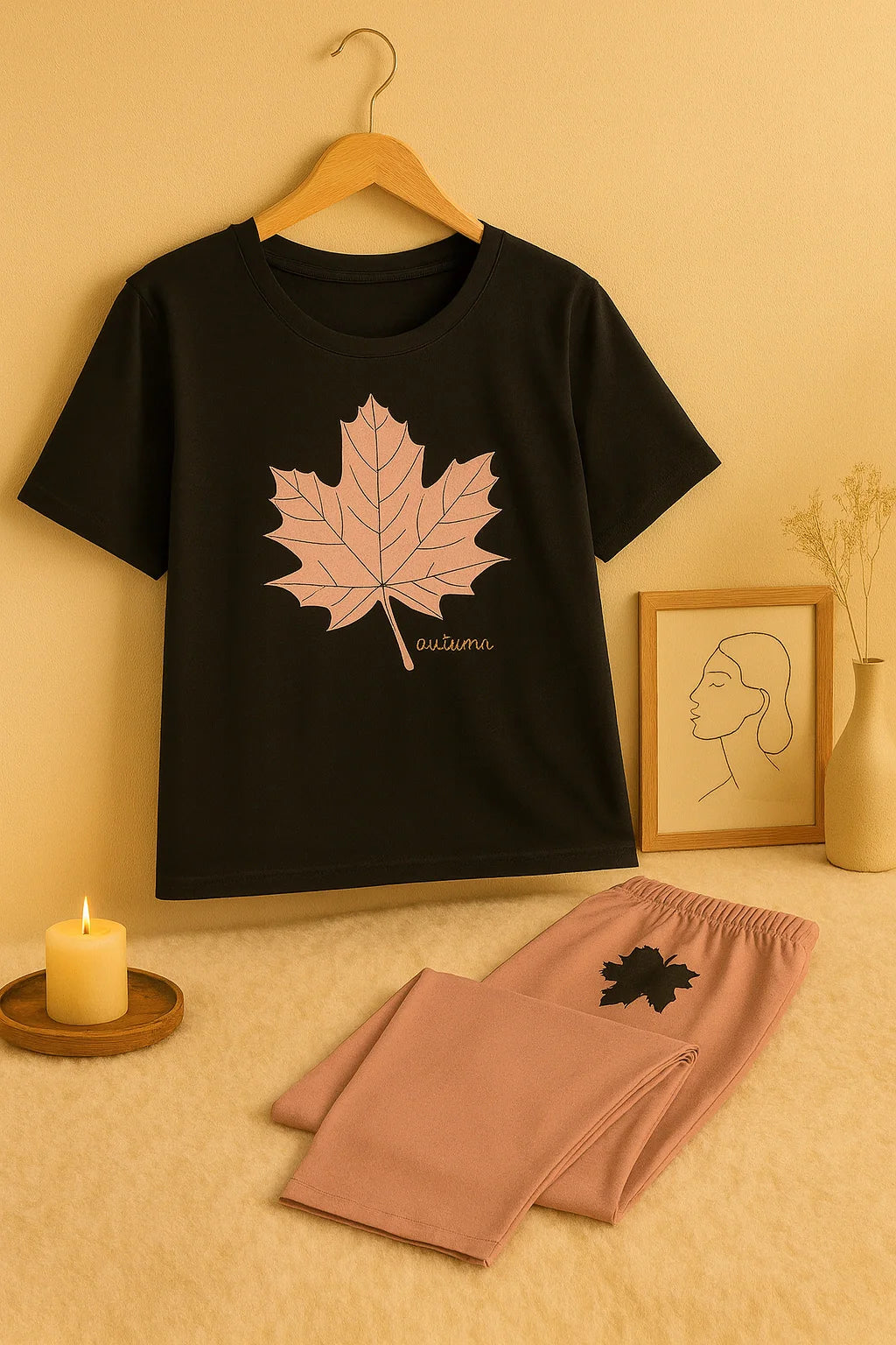 Leaf Printed Black Shirt And Pink Trouser