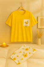 Yellow Flower Printed Pocket Half Sleeves Shirt and White Flower Printed Trouser Night Wear