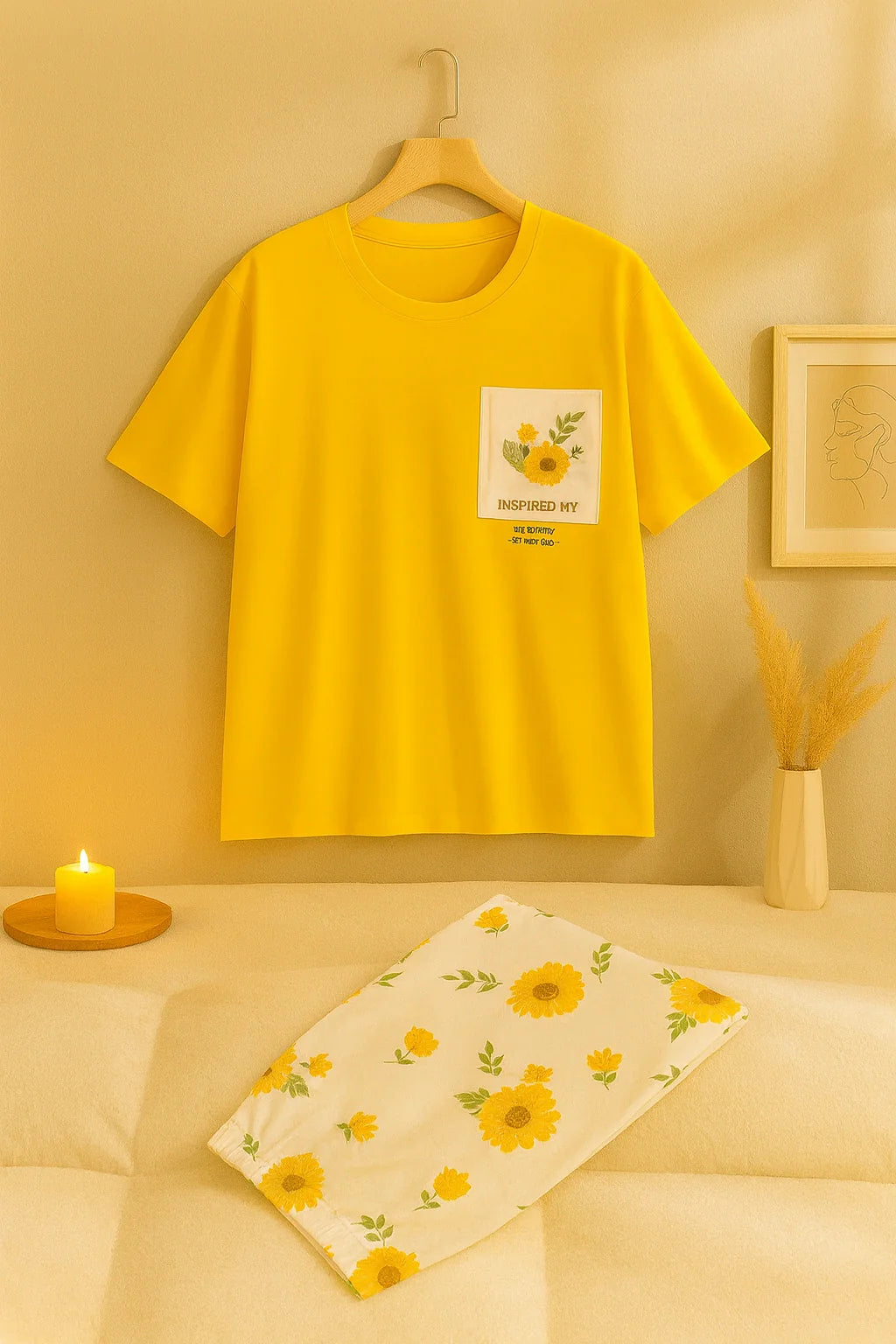 Yellow Flower Printed Pocket Half Sleeves Shirt and White Flower Printed Trouser Night Wear