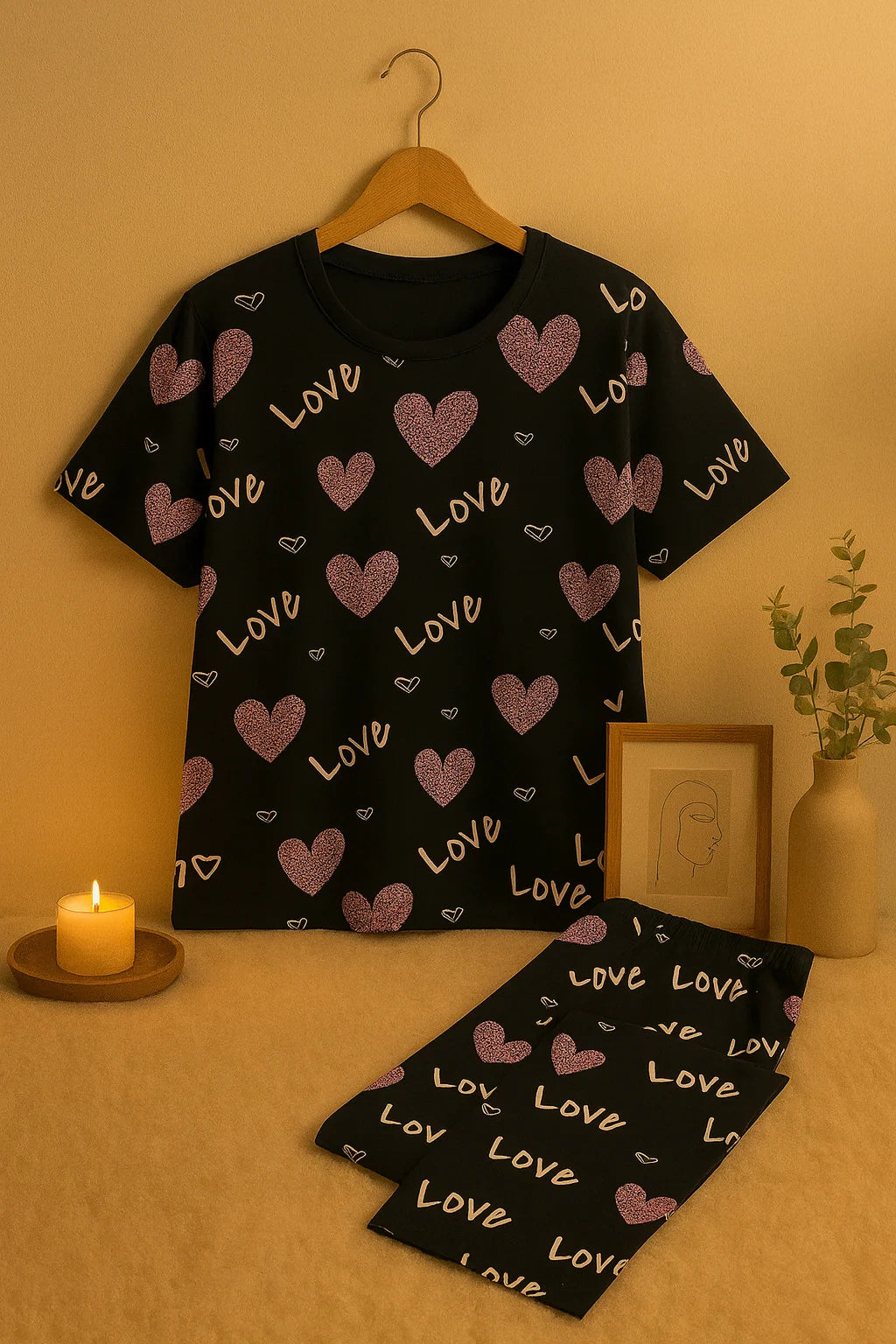 Black Love Heart T-Shirt With Pajama